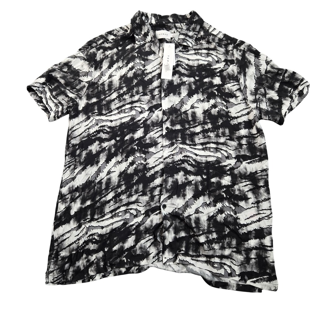 Topman Shirt Mens Large Black White Short Sleeve Button Front Casual Viscose